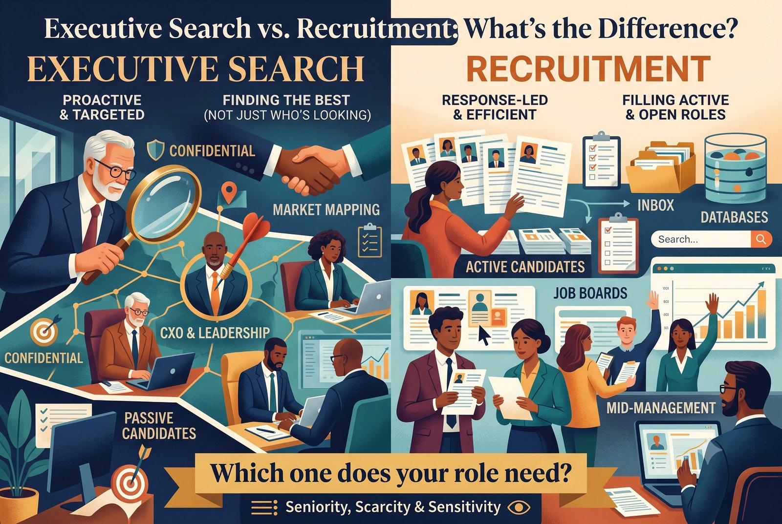 Executive Search vs. Recruitment comparison infographic