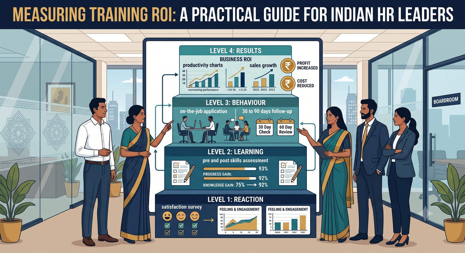 Measuring Training ROI: a four-level framework infographic